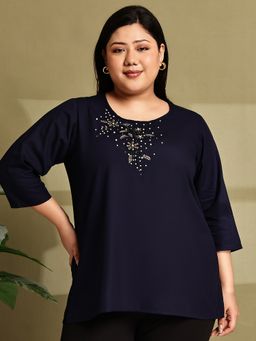 theRebelinme - Plus Size Women Navy Blue Solid Color Embroidery Top