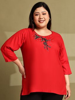 theRebelinme - Plus Size Women Red Solid Color Embroidery Top