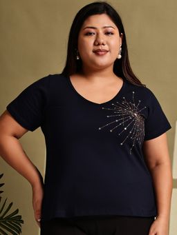 theRebelinme - Plus Size Women Navy Blue Solid Color Embroidery Top