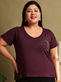 theRebelinme - Plus Size Women Purple Solid Color Embroidery Top
