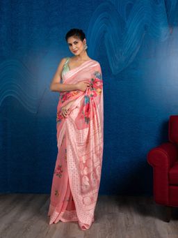 Beatitude - Pink Cream-Coloured Floral Printed Saree with Unstitched Blouse