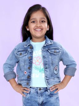 KiddoPanti - Girls Blue Self Design Denim Jacket
