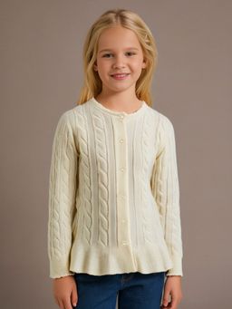 CHERRY CRUMBLE BY NITT HYMAN - Girls Cream Self Design Blended Fabric Sweater