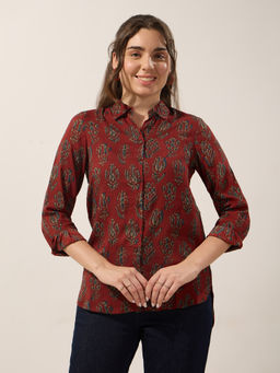 Silver Lime - Rust All Over Floral Printed Rust collared Shirt