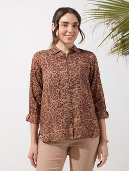 Silver Lime - Beige All Over Floral Printed Beige collared Shirt