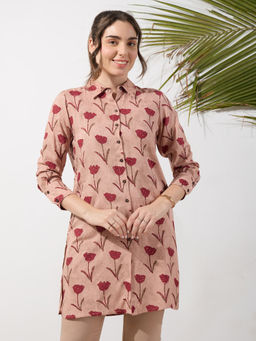 Silver Lime - Pink All Over Floral Printed Longline Collared Neck Tunic