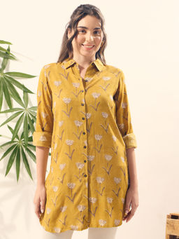 Silver Lime - Mustard All Over Floral Printed Longline Collared Neck Tunic