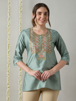 Silver Lime - Regular Fit Green Embroidered Yoke Tunic