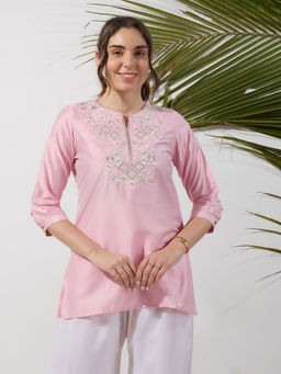 Silver Lime - Regular Fit Pink Embroidered Yoke Tunic