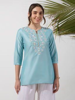 Silver Lime - Regular Fit Blue Embroidered Yoke Tunic