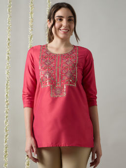 Silver Lime - Regular Fit Pink Embroidered Yoke Tunic