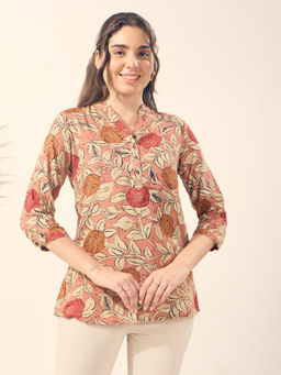 Silver Lime - Beige All Over Floral Printed Regular Fit Collared Neck Tunic