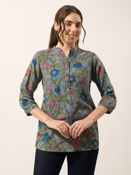 Silver Lime - Green All Over Floral Printed Regular Fit Collared Neck Tunic