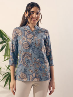Silver Lime - Blue All Over Floral Printed Regular Fit Collared Neck Tunic