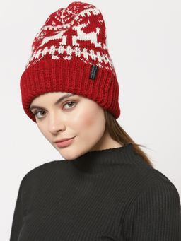 513 - Women Red White Self Design Knitted Acrylic Beanie Cap