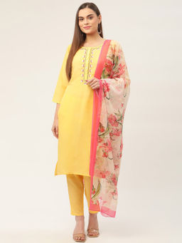 Jompers - Embroidered Kurta with Printed Dupatta and Pants (Set of 3)