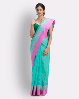 Angoshobha - Women's Tant Turquoise Cotton Saree