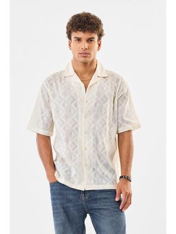 Snitch - Mens Off White Self Design Half Sleeves Boxy Casual Shirt