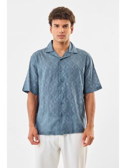 Snitch - Mens Blue Self Design Half Sleeves Boxy Casual Shirt