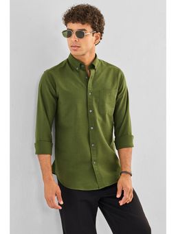 Snitch - Mens Olive Solid Full Sleeves Slim Casual Shirt
