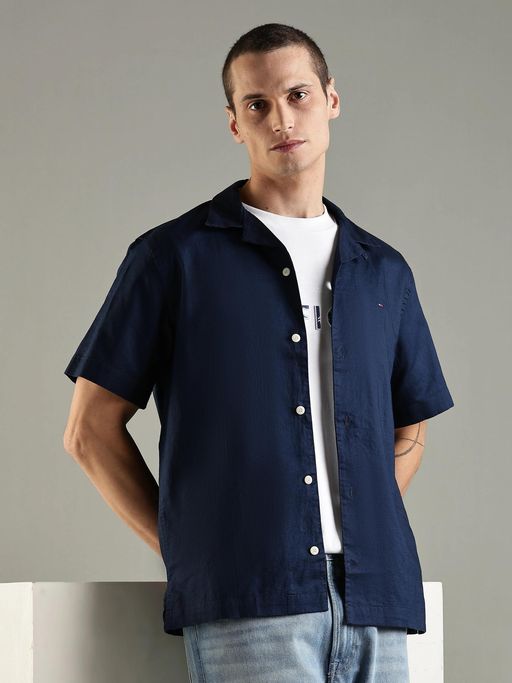 Tommy Hilfiger Mens Navy Blue Solid Regular Fit Cotton Shirt