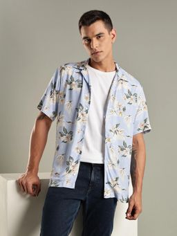 Tommy Hilfiger - Mens Blue Floral Printed Regular Fit Viscose Shirt