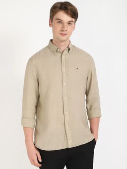 Tommy Hilfiger - Mens Beige Solid Regular Fit Linen Shirt