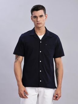 Tommy Hilfiger - Mens Navy Blue Solid Regular Fit Plain Shirt