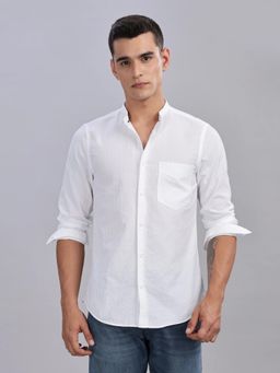 Tommy Hilfiger - Mens Off White Stripes Slim Fit Satin Weave Shirt