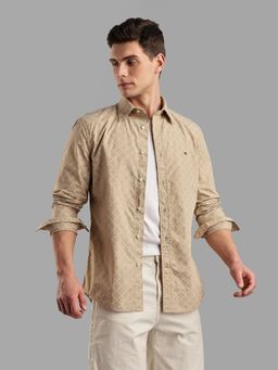 Tommy Hilfiger - Mens Beige Typography Regular Fit Cotton Shirt