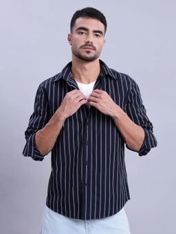 Tommy Hilfiger - Mens Navy Blue Stripes Regular Fit Satin Weave Shirt