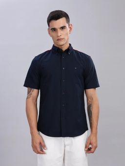 Tommy Hilfiger - Mens Navy Blue Solid Regular Fit Satin Shirt