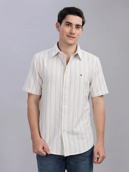 Tommy Hilfiger - Mens Off White Stripes Regular Fit Satin Shirt