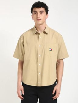 Tommy Hilfiger - Mens Beige Solid Oversize Fit Cotton Shirt