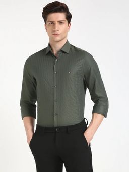 Tommy Hilfiger - Mens Olive Self Design Slim Fit Cotton Shirt