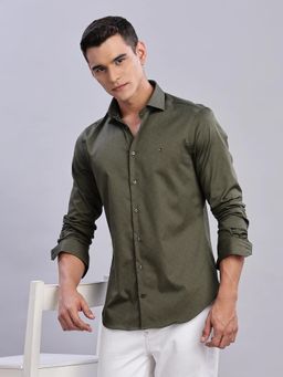 Tommy Hilfiger - Mens Olive Printed Slim Fit Plain Shirt