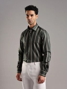 Tommy Hilfiger - Mens Olive Stripes Regular Fit Cotton Shirt