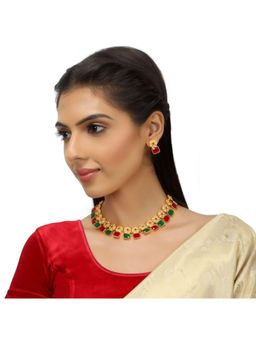Accessher - Gold Plated Traditional Ruby Green Stone Studded Necklace Se