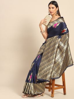 Akhilam - Womens Silk Blend Navy Blue Woven Design Celebrity Saree with Unstitched Blouse