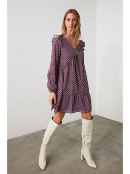 Trendyol - Purple V-Neck Printed Smock Dress