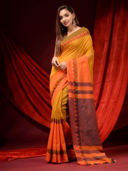 CHARUKRITI - Yellow and Orange Pure Cotton Handwoven Temple Borders Saree with Unstitched Blouse