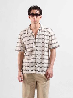 The Indian Garage Co - Men Relaxed Fit Textured Cuban Collar Shirt - Beige