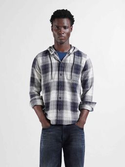 The Indian Garage Co - Men Regular Fit Checked Hooded Casual Shirt - Blue