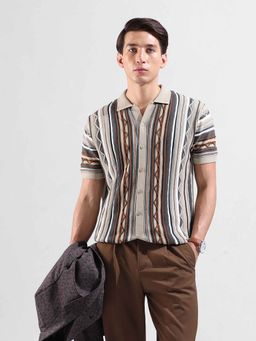 The Indian Garage Co - Men Slim Fit Textured Cuban Collar Casual Shirt - Beige