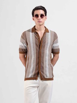 The Indian Garage Co - Men Slim Fit Textured Cuban Collar Casual Shirt - Brown