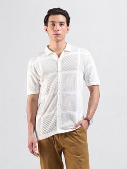 The Indian Garage Co - Men Slim Fit Self Design Cuban Collar Casual Shirt - White