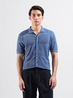 The Indian Garage Co - Men Slim Fit Self Design Cuban Collar Casual Shirt - Blue