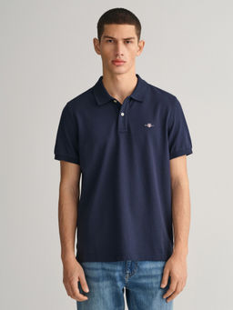 GANT - Mens Navy Blue Solid Regular Fit Shield Polo T-Shirt