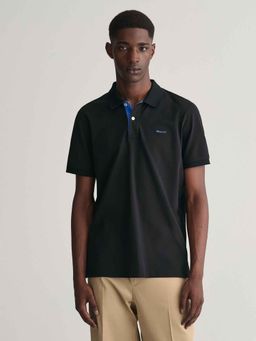 GANT - Mens Black Solid Regular Fit Contrast Pique Polo T-Shirt