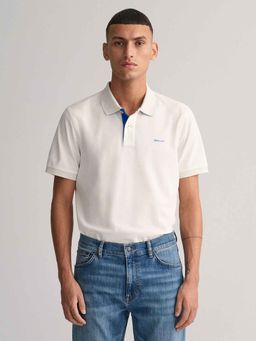 GANT - Mens White Solid Regular Fit Contrast Pique Polo T-Shirt